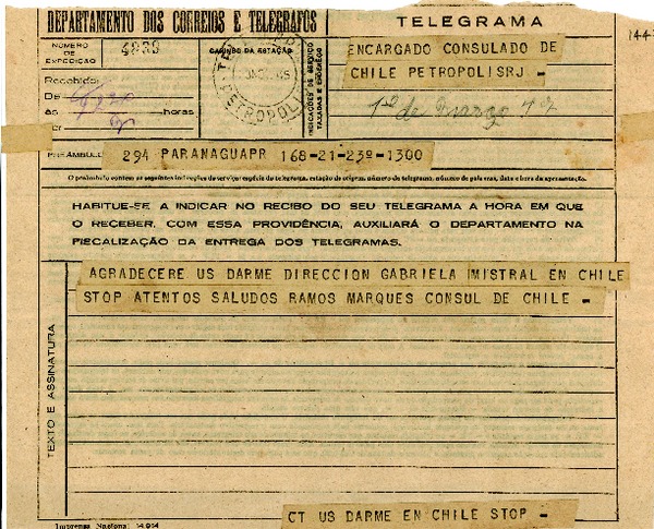 [Telegrama] 1945 nov. 23, Paranaguá [a] Gabriela Mistral