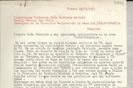 [Carta] 1951 sept. 19, Trento, [Italia] [a] Gabriela Mistral, Neapoles, [Italia]