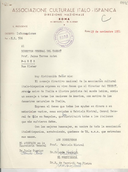 [Carta] 1951 nov. 19, Roma, [Italia] [a] Jaime Torres Bodet, [Paris], [Francia]