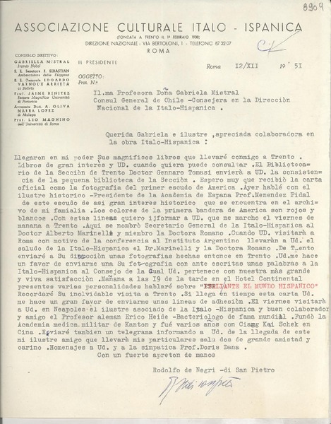 [Carta] 1951 dic. 12, Roma, [Italia] [a] Gabriela Mistral