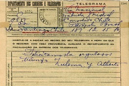 [Telegrama] 1945 nov. 15, Santiago, Chile [a] Gabriela Mistral, Petrópolis, Brasil