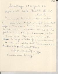 [Carta] 1952 ago. 12, Santiago, [Chile] [a] Gabriela Mistral, Napoli