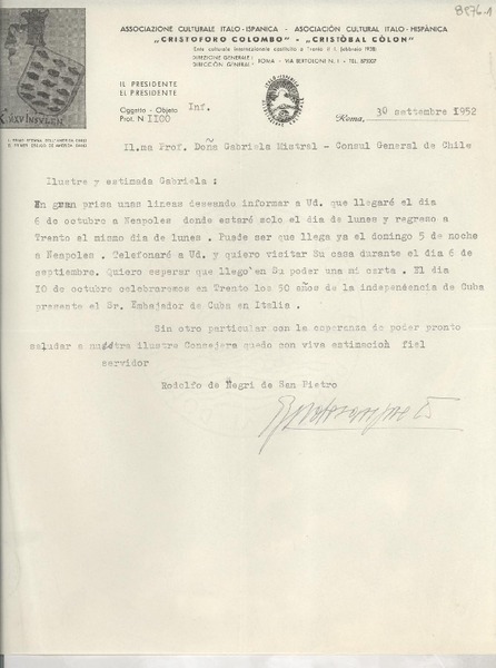 [Carta] 1952 sett. 30, Roma, [Italia] [a] Gabriela Mistral