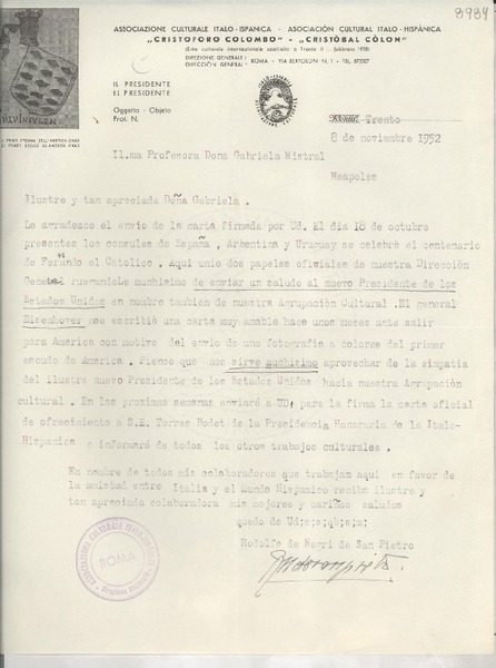 [Carta] 1952 nov. 8, Trento, [Italia] [a] Gabriela Mistral, Neapoles, [Italia]