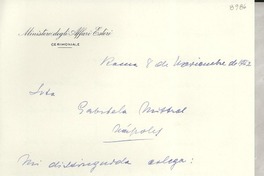 [Carta] 1952 nov. 8, Roma, [Italia] [a] Gabriela Mistral, Nápoles, [Italia]