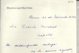 [Carta] 1952 nov. 26, Roma, [Italia] [a] Gabriela Mistral, Nápoles, [Italia]