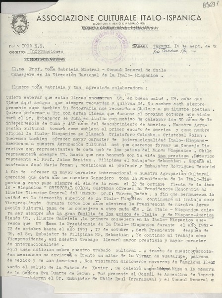 [Carta] 1952 sept. 14, Trento, [Italia] [a] Gabriela Mistral