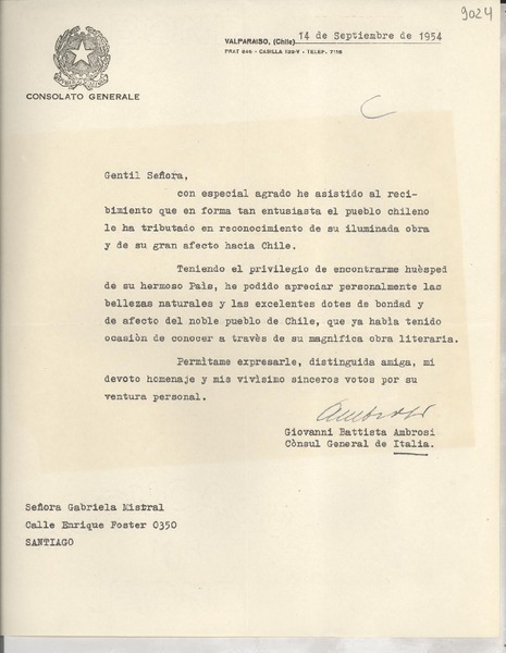 [Carta] 1954 sept. 14, Valparaíso, [Chile] [a] Gabriela Mistral, Santiago