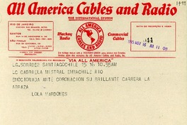 [Telegrama] 1945 nov. 16, Santiago [a] Gabriela Mistral, Río de Janeiro