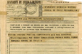 [Telegrama] 1945 nov. 23, Paranaguá, [Brasil] [a] Gabriela Mistral, Petrópolis, Brasil