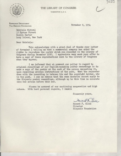 [Carta] 1954 Nov. 8, Washington D. C., [Estados Unidos] [a] Gabriela Mistral, Roslyn Harbor, Long Island, New York
