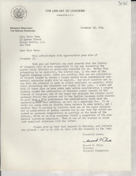 [Carta] 1954 Nov. 18, Washington D. C., [Estados Unidos] [a] Doris Dana, Roslyn Harbor, New York