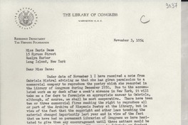 [Carta] 1954 Nov. 3, Washington D. C., [Estados Unidos] [a] Doris Dana, Long Island, Roslyn Harbor, New York
