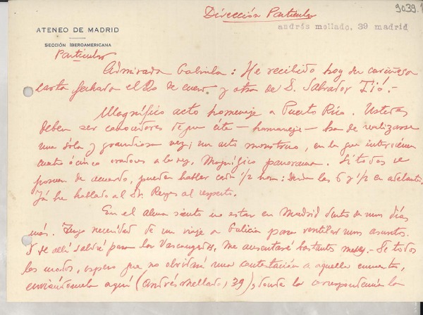 [Carta] 1934 feb. 7, Madrid, [España] [a] Gabriela Mistral
