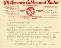 [Telegrama] 1945 nov. 17, Lima, Perú [a] Gabriela Mistral, Petrópolis, Brasil