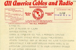 [Telegrama] 1945 nov. 17, Lima, Perú [a] Gabriela Mistral, Petrópolis, Brasil