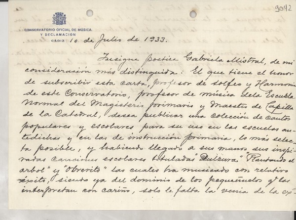 [Carta] 1933 jul. 10, Cádiz, [España] [a] Gabriela Mistral
