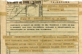 [Telegrama] 1945 nov. 16, Santiago [a] Gabriela Mistral, Petrópolis