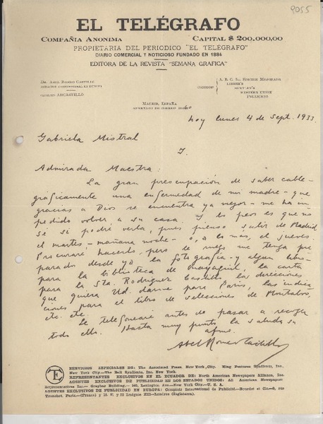 [Carta] 1933 sept. 4, Madrid, [España] [a] Gabriela Mistral