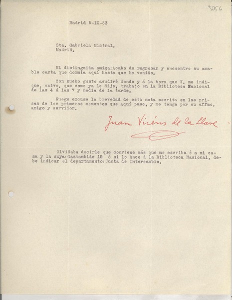 [Carta] 1933 sept. 5, Madrid, [España] [a] Gabriela Mistral, Madrid, [España]