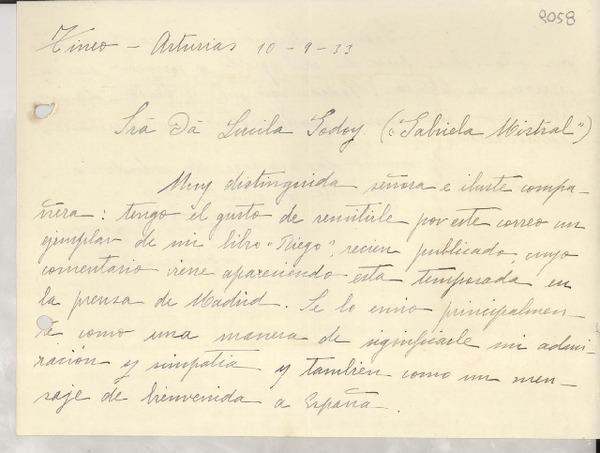 [Carta] 1933 sept. 10, Tineo, Asturias, [España] [a] Gabriela Mistral