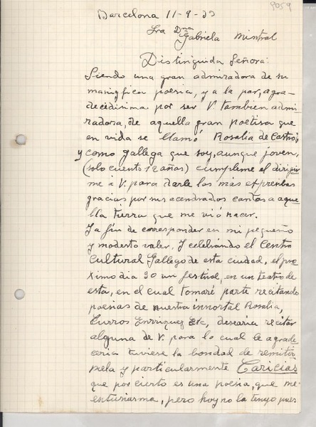 [Carta] 1933 sept. 11, Barcelona, [España] [a] Gabriela Mistral