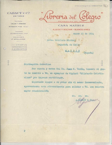 [Carta] 1934 ene. 25, Buenos Aires, [Argentina] [a] Gabriela Mistral, Madrid, [España]