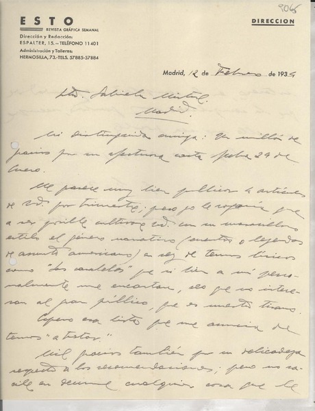 [Carta] 1934 feb. 12, Madrid, [España] [a] Gabriela Mistral, Madrid, [España]