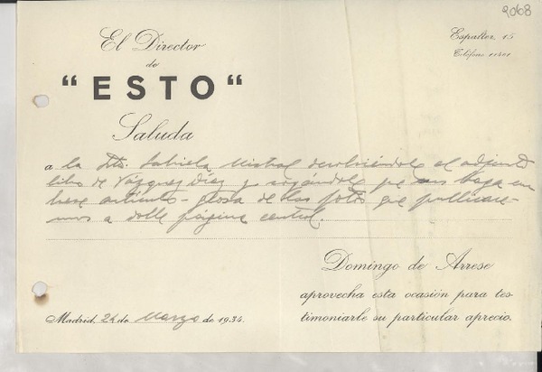 [Carta] 1934 mar. 24, Madrid, [España] [a] Gabriela Mistral