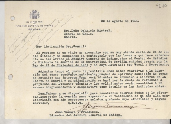[Carta] 1934 ago. 22, Sevilla, [España] [a] Gabriela Mistral, Madrid, [España]