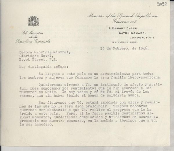 [Carta] 1946 feb. 19, Londres, [Inglaterra] [a] Gabriela Mistral, Londres