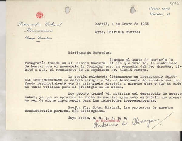 [Carta] 1935 ene. 4, Madrid, [España] [a] Gabriela Mistral