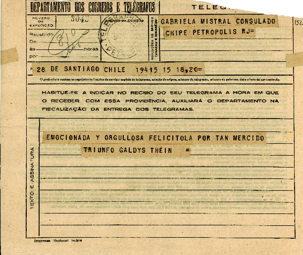 [Telegrama] 1945 nov. 16, Santiago, Chile [a] Gabriela Mistral