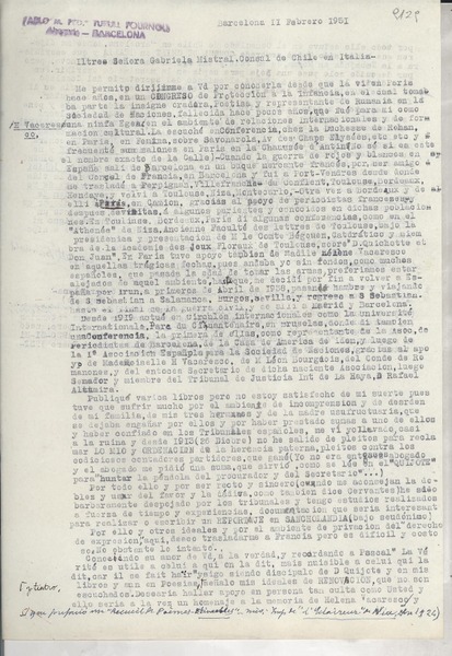 [Carta] 1951 feb. 2, Barcelona, [España] [a] Gabriela Mistral, Italia