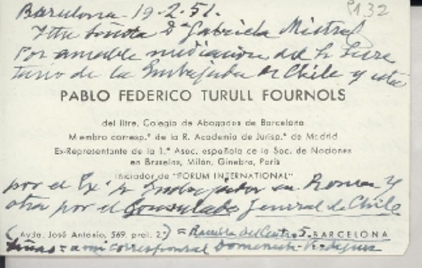 [Carta] 1951 feb. 19, Barcelona, [España] [a] Gabriela Mistral