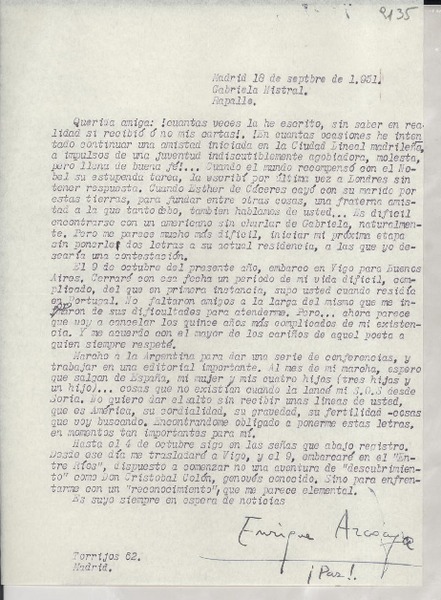 [Carta] 1951 sept. 18, Madrid, [España] [a] Gabriela Mistral, Rapallo, [Italia]