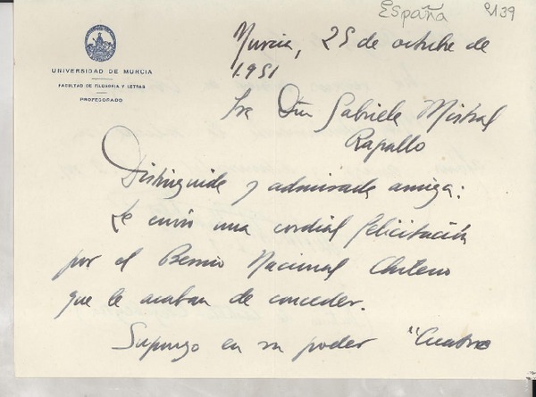 [Carta] 1951 oct. 25, Murcia, [España] [a] Gabriela Mistral, Rapallo, [Italia]