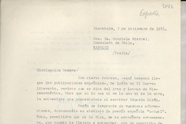 [Carta] 1951 dic. 7, Estockholm, [Suecia] [a] Gabriela Mistral, Nápoles, Italia