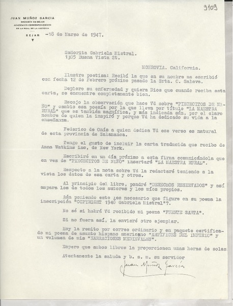 [Carta] 1947 mar. 18, Béjar, [España] [a] Gabriela Mistral, Monrovia, California