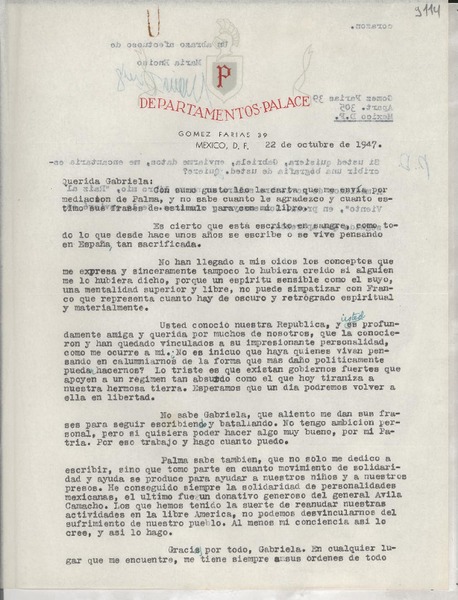 [Carta] 1947 oct. 22, México D. F. [a] Gabriela Mistral