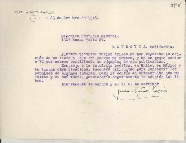 [Carta] 1948 oct. 23, Béjar, [España] [a] Gabriela Mistral, Monrovia, California