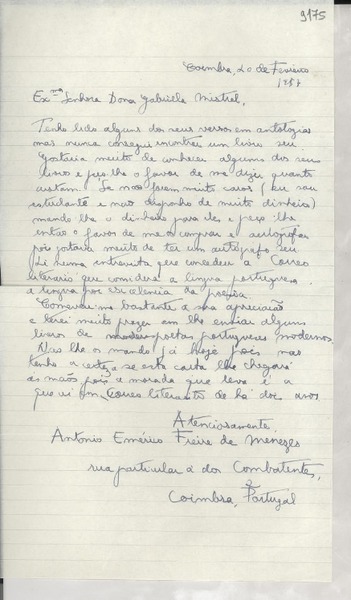 [Carta] 1953 fev. 20, Coimbra, Portugal [a] Gabriela Mistral