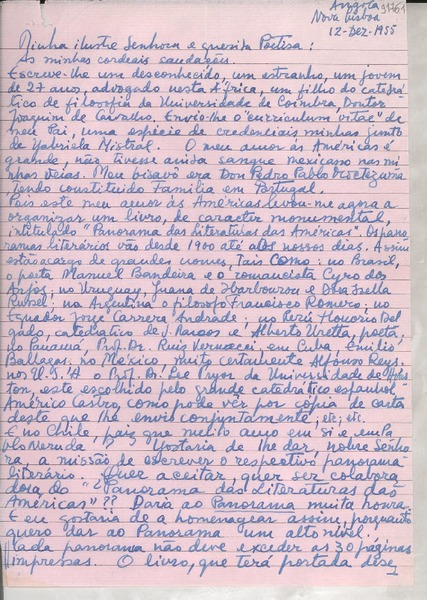 [Carta] 1955 dez. 12, Nova Lisboa, Angola [a] Gabriela Mistral
