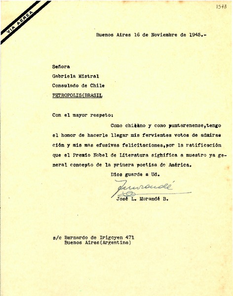[Carta] 1945 nov. 16, Buenos Aires [a] Gabriela Mistral, Petrópolis