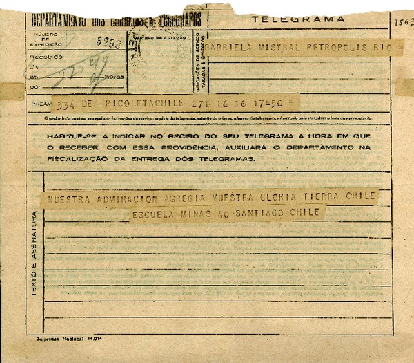 [Telegrama] 1945 nov. 16, Recoleta, Santiago, Chile [a] Gabriela Mistral