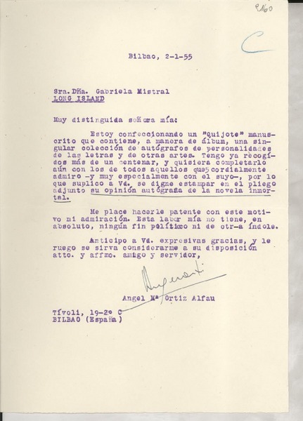 [Carta] 1955 ene. 2, Bilbao, [España] [a] Gabriela Mistral, Long Island, [EE.UU.]