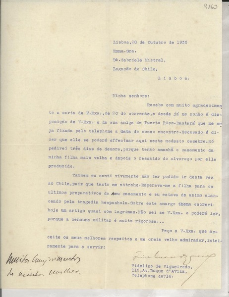 [Carta] 1936 out. 28, Lisboa, [Portugal] [a] Gabriela Mistral, Lisboa, [Portugal]