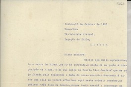 [Carta] 1936 out. 28, Lisboa, [Portugal] [a] Gabriela Mistral, Lisboa, [Portugal]