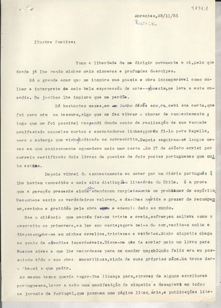 [Carta] 1951 nov. 25, Abrantes, [Portugal] [a] [Gabriela Mistral]