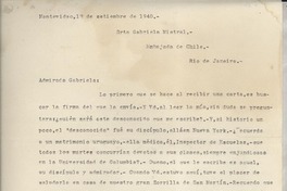 [Carta] 1940 sept. 12, Montevideo, [Uruguay] [a] Gabriela Mistral, Río de Janeiro